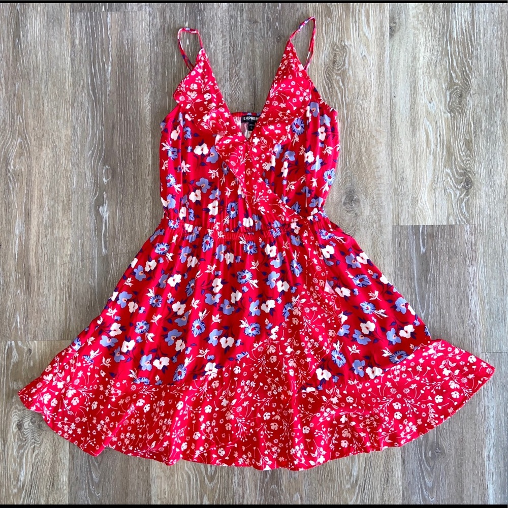 Express Red Floral Spaghetti Strap Wrap Sundress